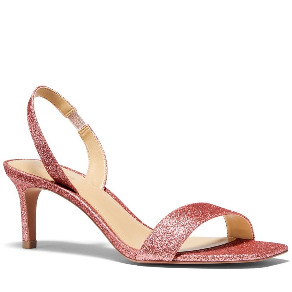 NEW Michael Kors Mila Pixie Pink Fine Glitter Open Toe Kitten Heel Sandal  7.5